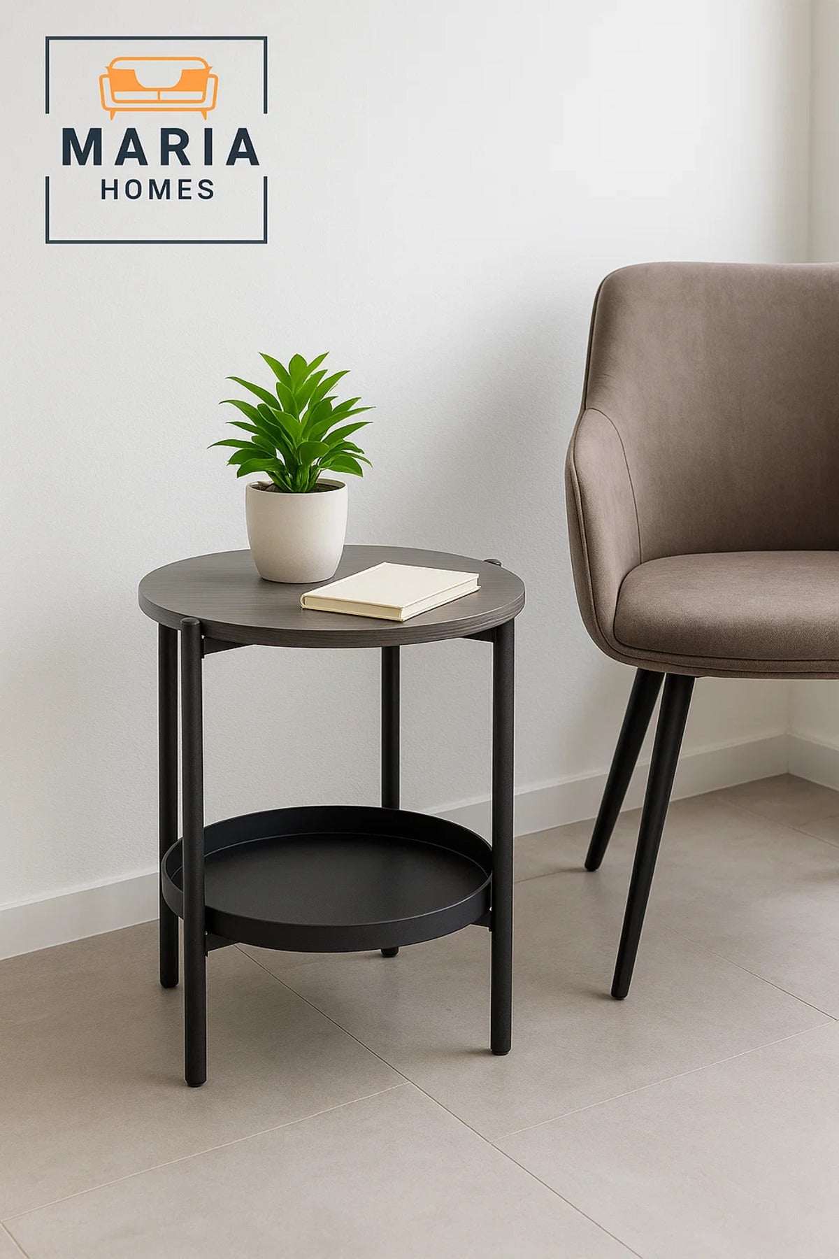 Modern Dark Grey Side Table √ê Round Coffee Table with Black Storage Shelf 40_40_55 cm