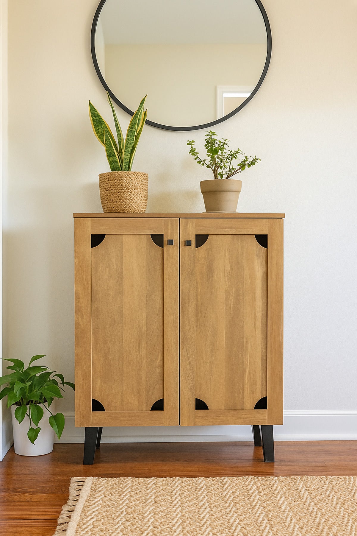Light Brown Wooden Storage Cabinet 80_32_94 cm Ð Modern 2-Door Cupboard with Black Legs