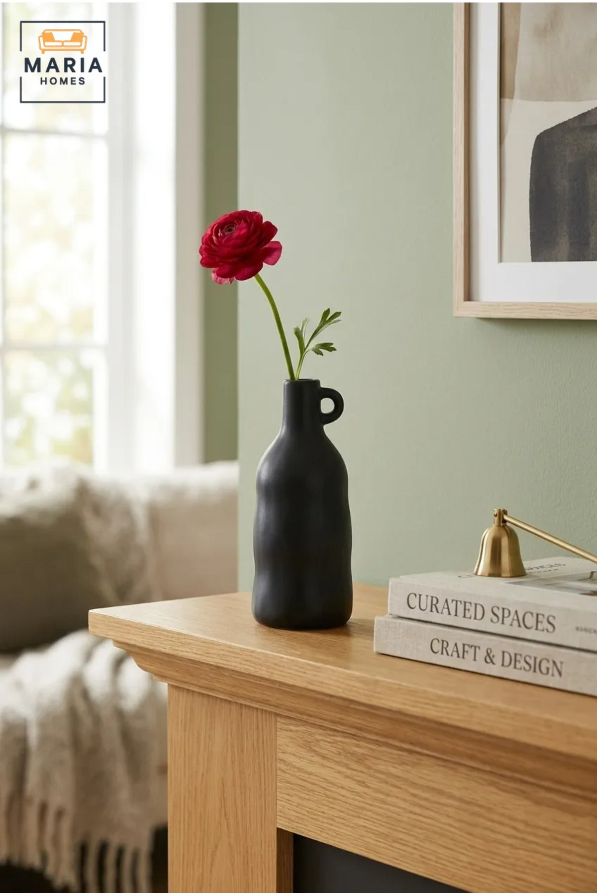 Modern Tall Decorative Flower Vase with Small Loop Handle, Narrow Neck and Sculptural Bottle Shape for Living Room, Bedroom, Office and Console Décor