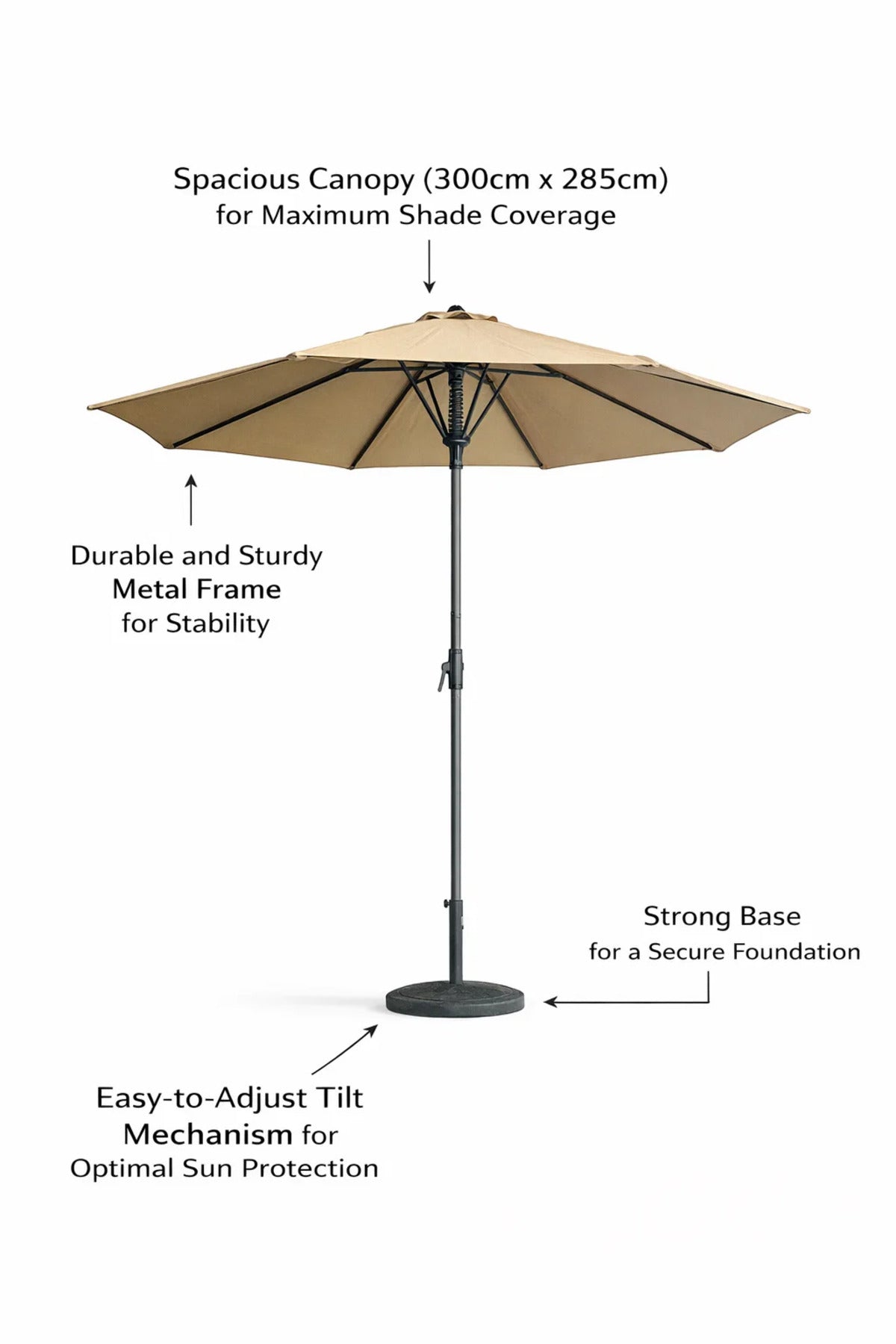 Premium Outdoor Umbrella Awning 300cm Beige Garden Patio Sun Shade Canopy with Sturdy Pole Base