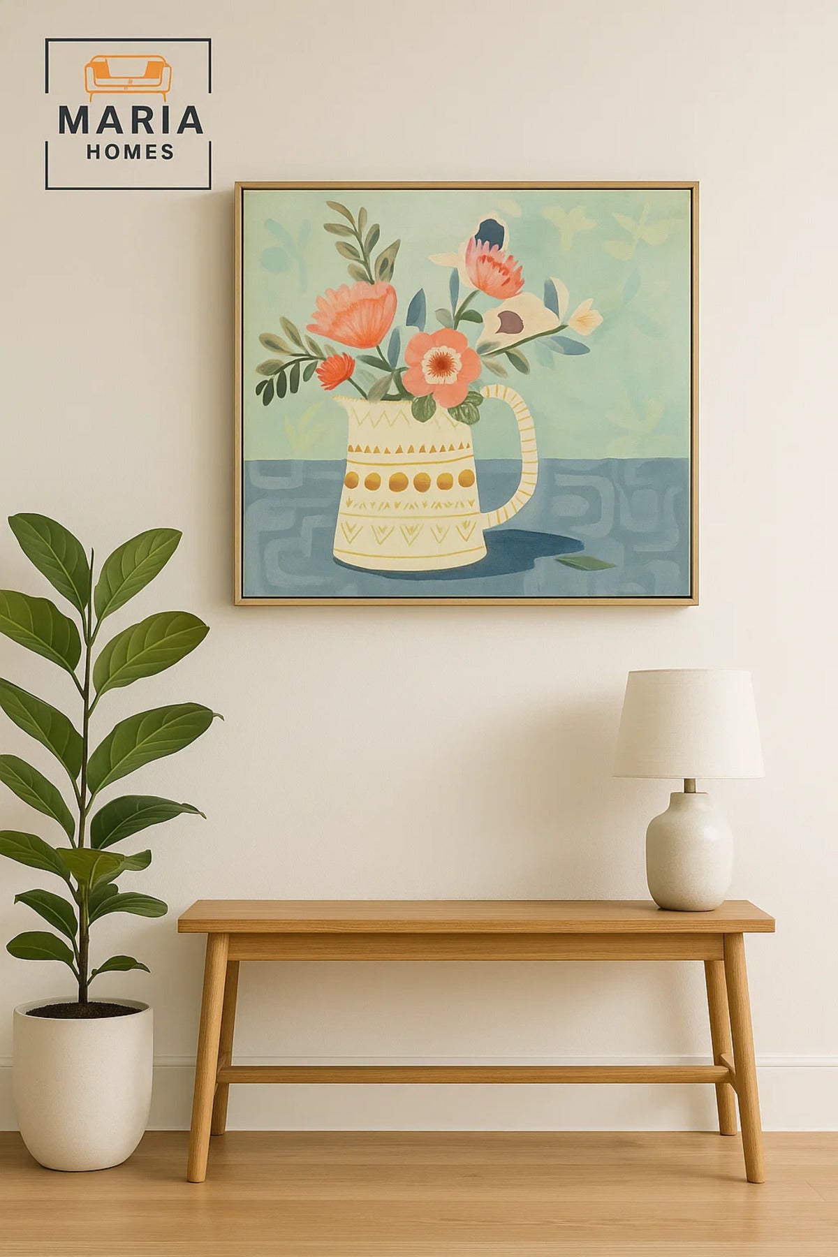 Framed Floral Wall Art Ð Vase with Pastel Flowers on Soft Blue Background.Size 80*80 cm