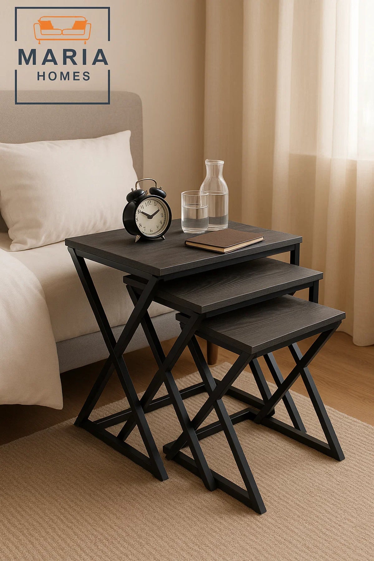 3-Piece Nesting Table Set with Dark Wood Tops and X-Style Bases