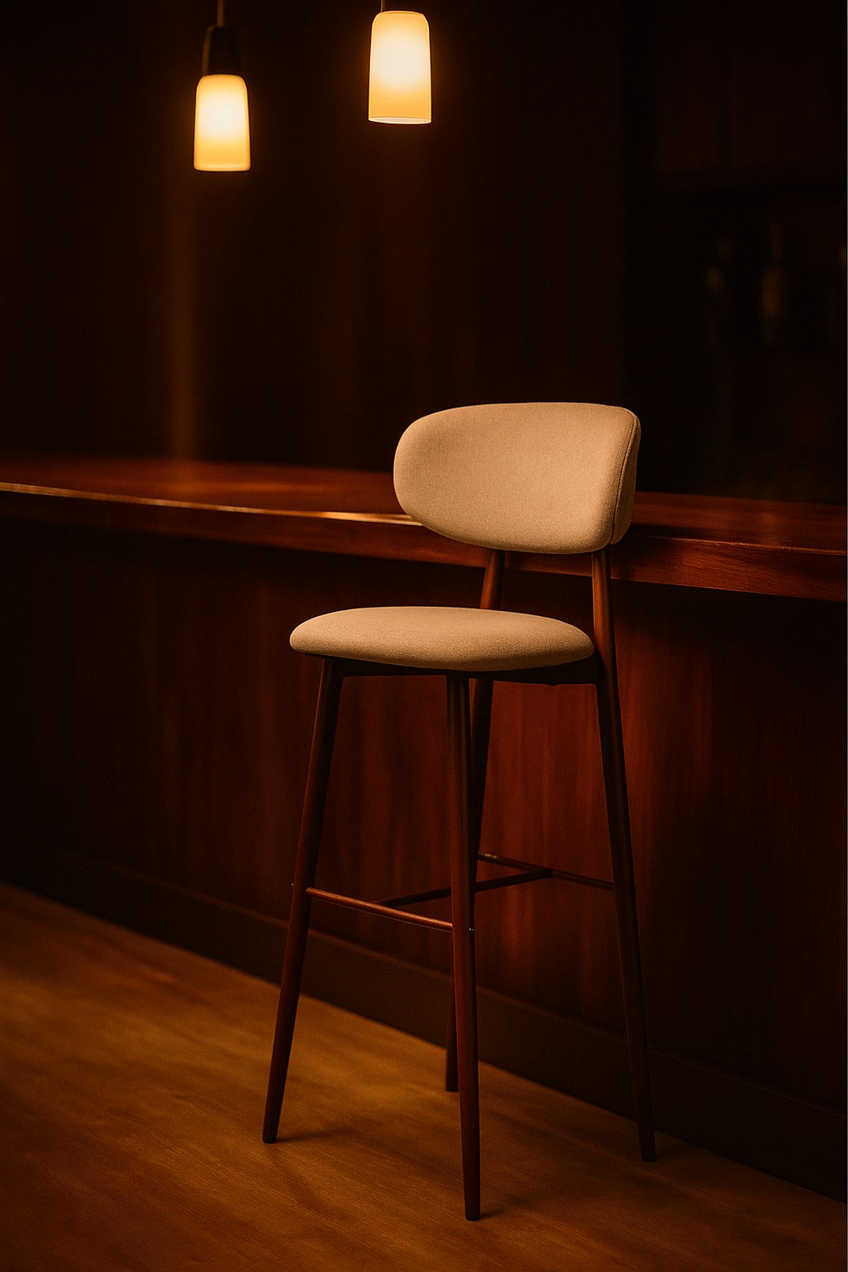 Beige Fabric Bar Stool Ð Modern High Chair with Backrest & Wooden Legs for Kitchen or CafŽ