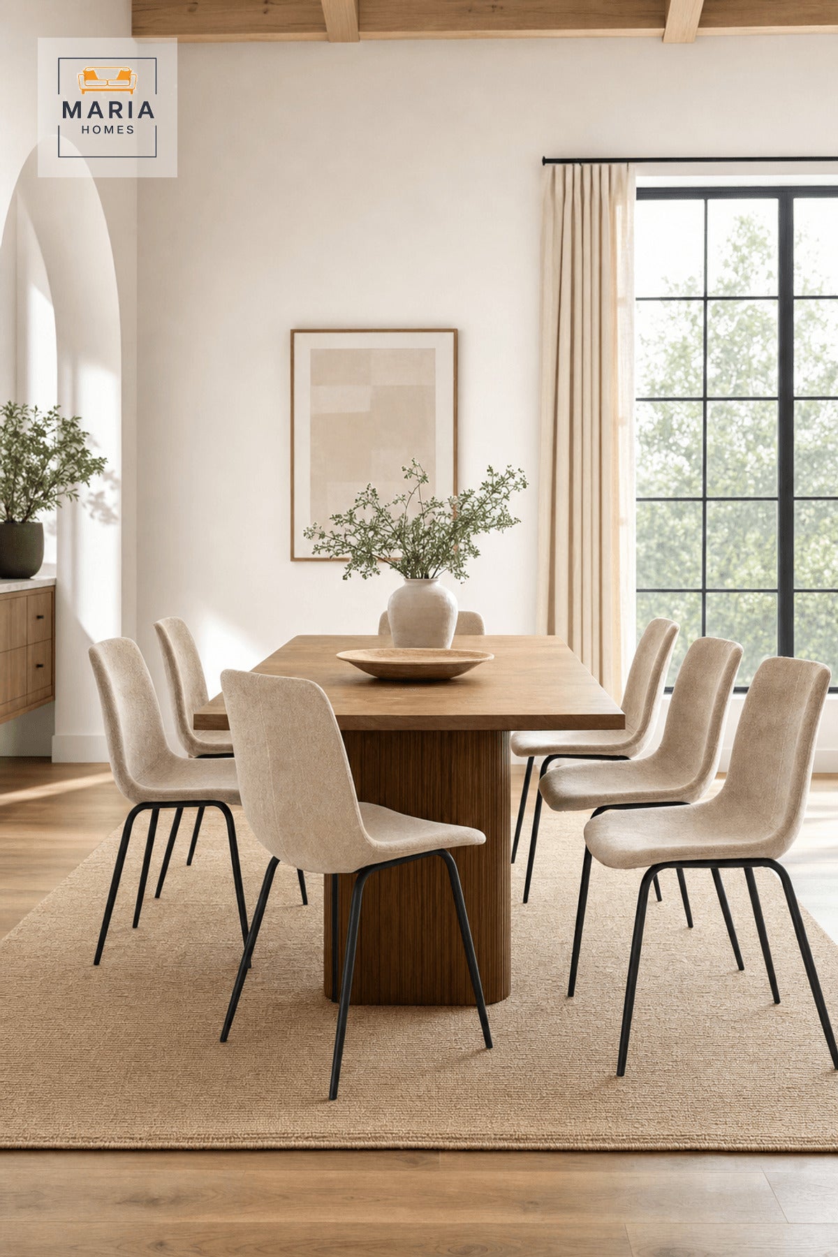 Beige Upholstered Dining Chair with Black Metal Legs, Modern Minimalist Seat