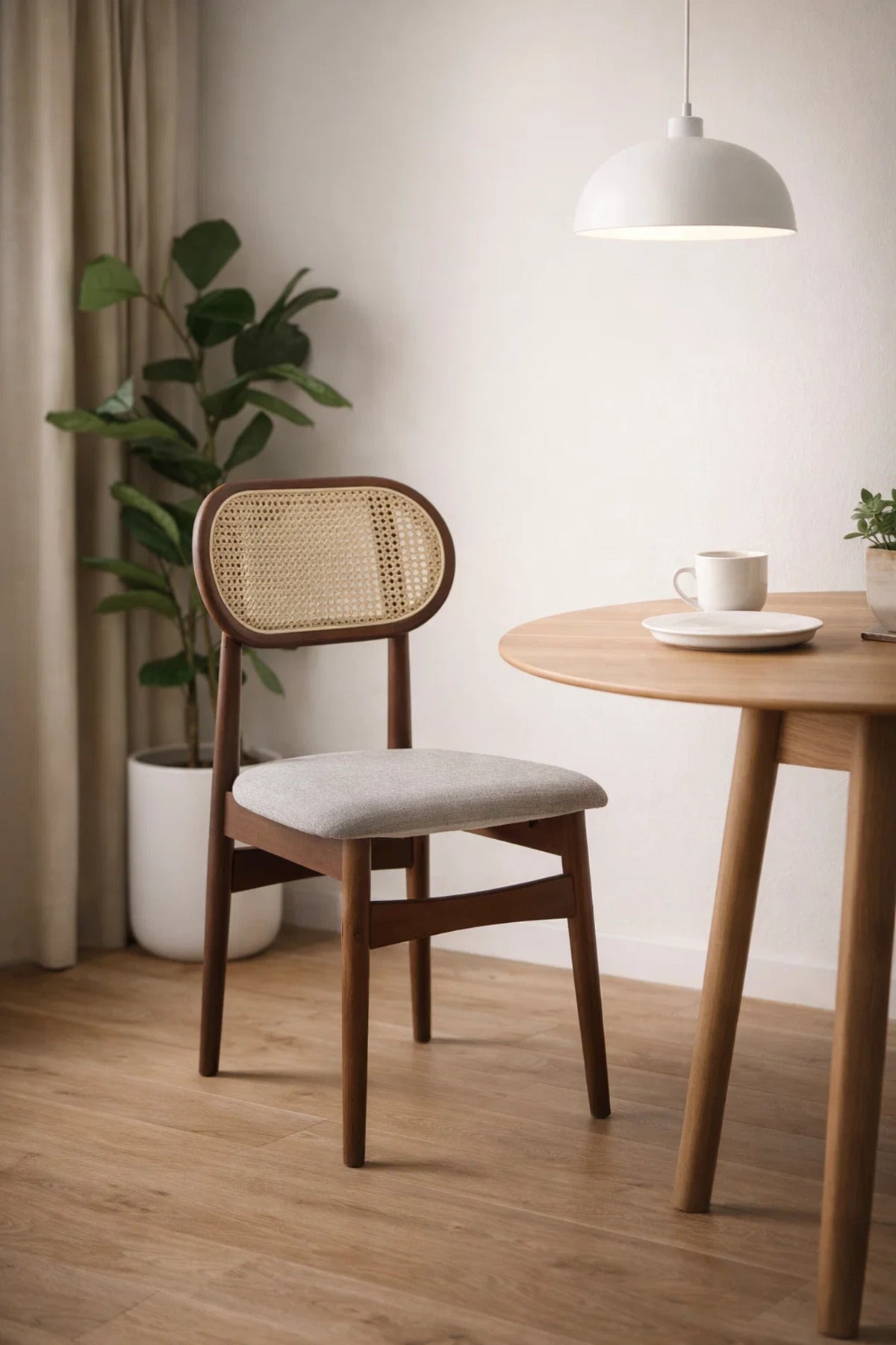 Dark Brown Wooden Dining Chair with Rattan Backrest Upholstered Seat 86cm Height dark