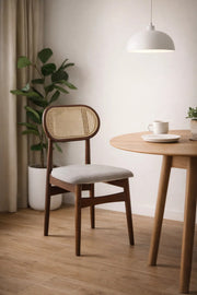 Dark Brown Wooden Dining Chair with Rattan Backrest Upholstered Seat 86cm Height dark