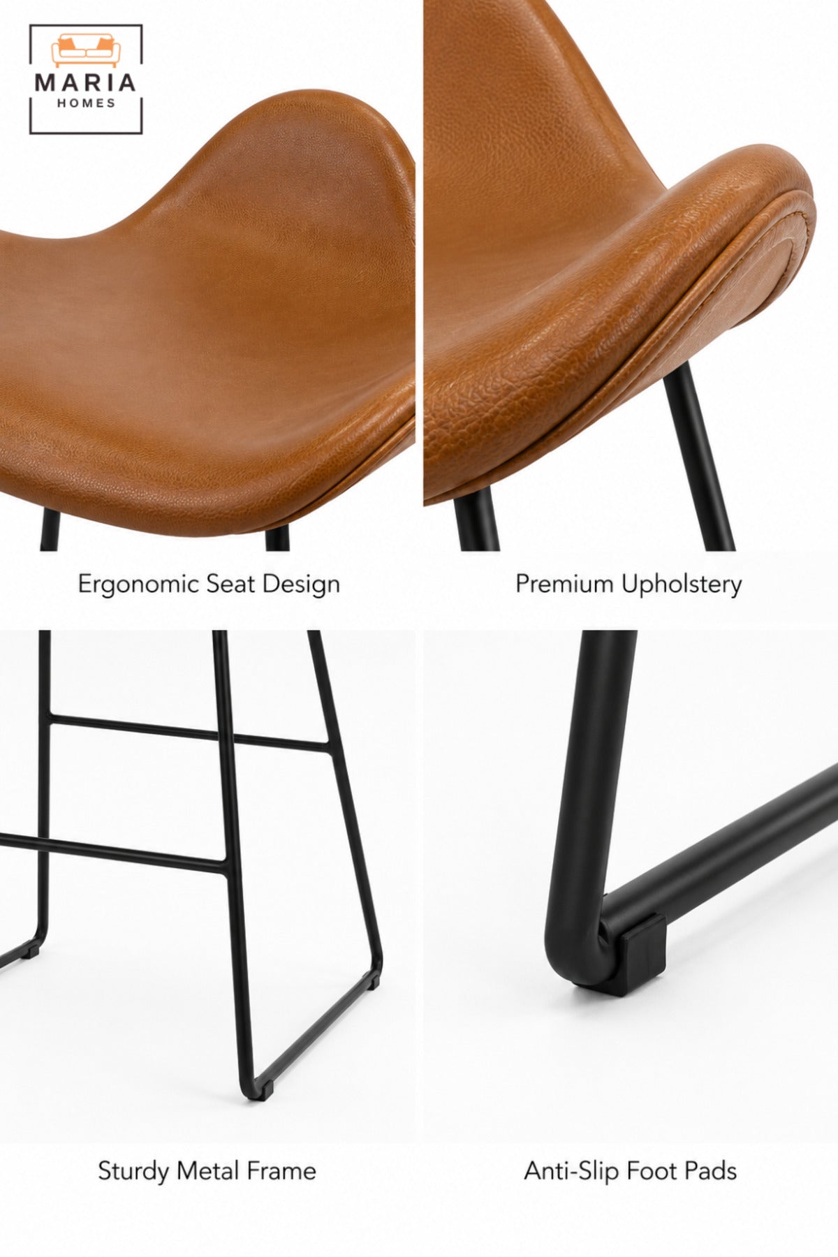 Modern High Bar Chair with Curved Padded Seat, Low Back Support & Slim Black Frame | Orange Upholstered Kitchen Counter and Café Chair 60x47x45 cm