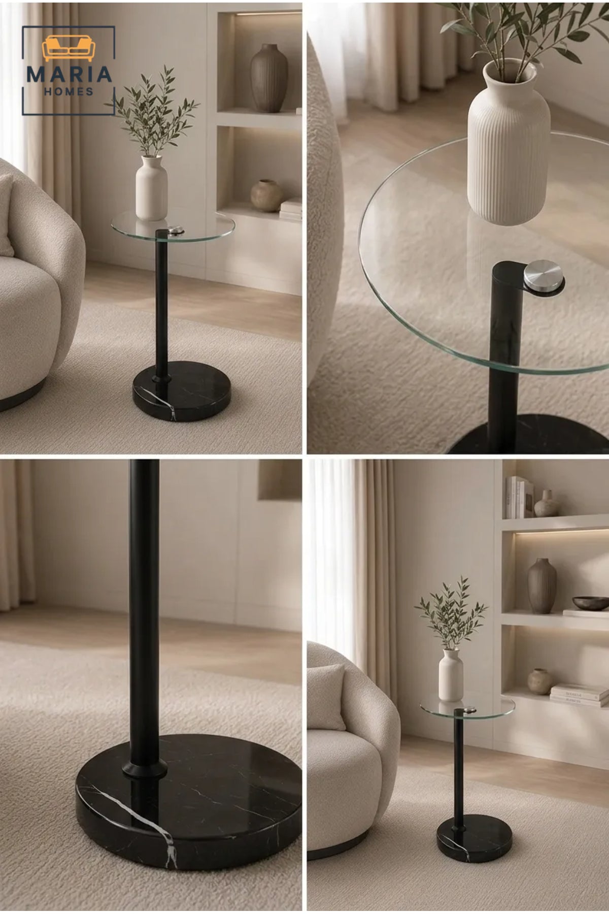 Modern Glass Side Table √ê Round Tempered Glass Accent Table with Black Marble Base for Living Room, Bedroom & Lounge