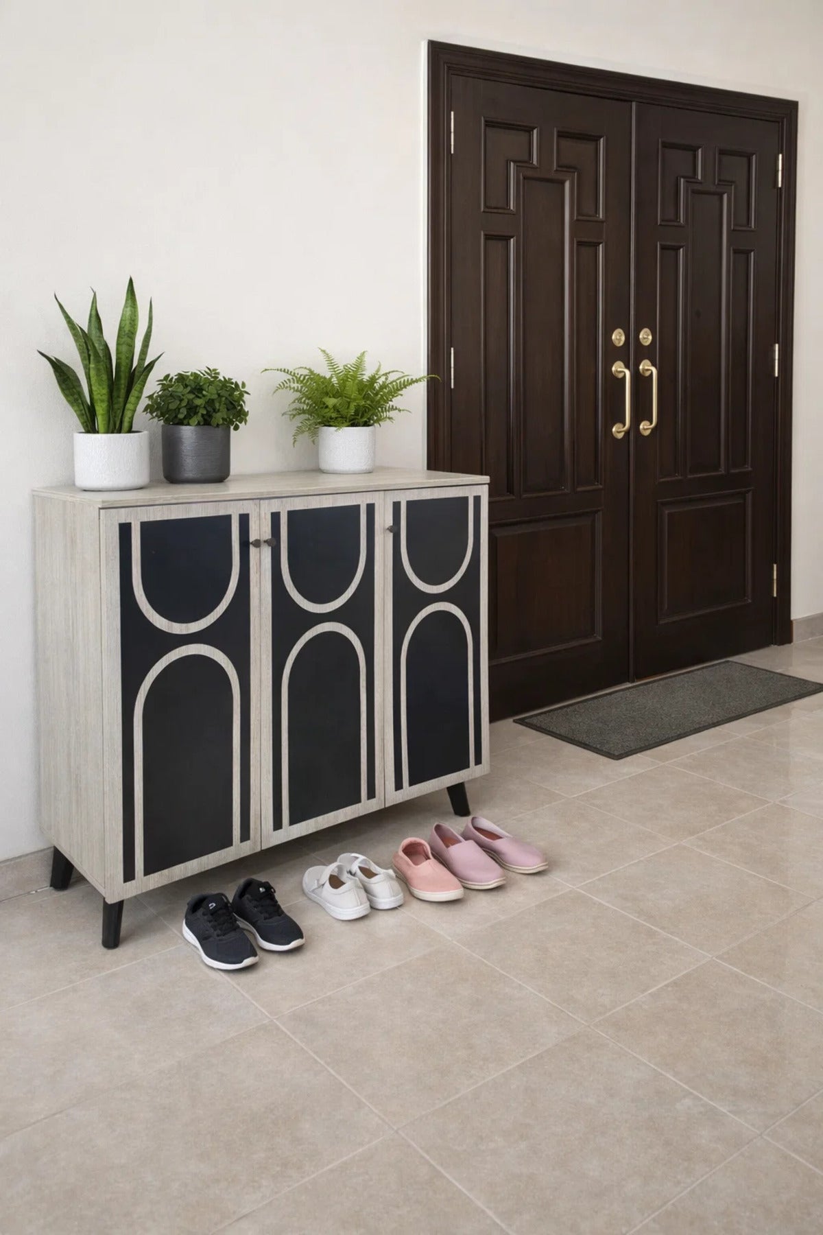 Modern Beige and Black Shoe Cabinet Sideboard with Three Doors for Stylish Hallway Organization