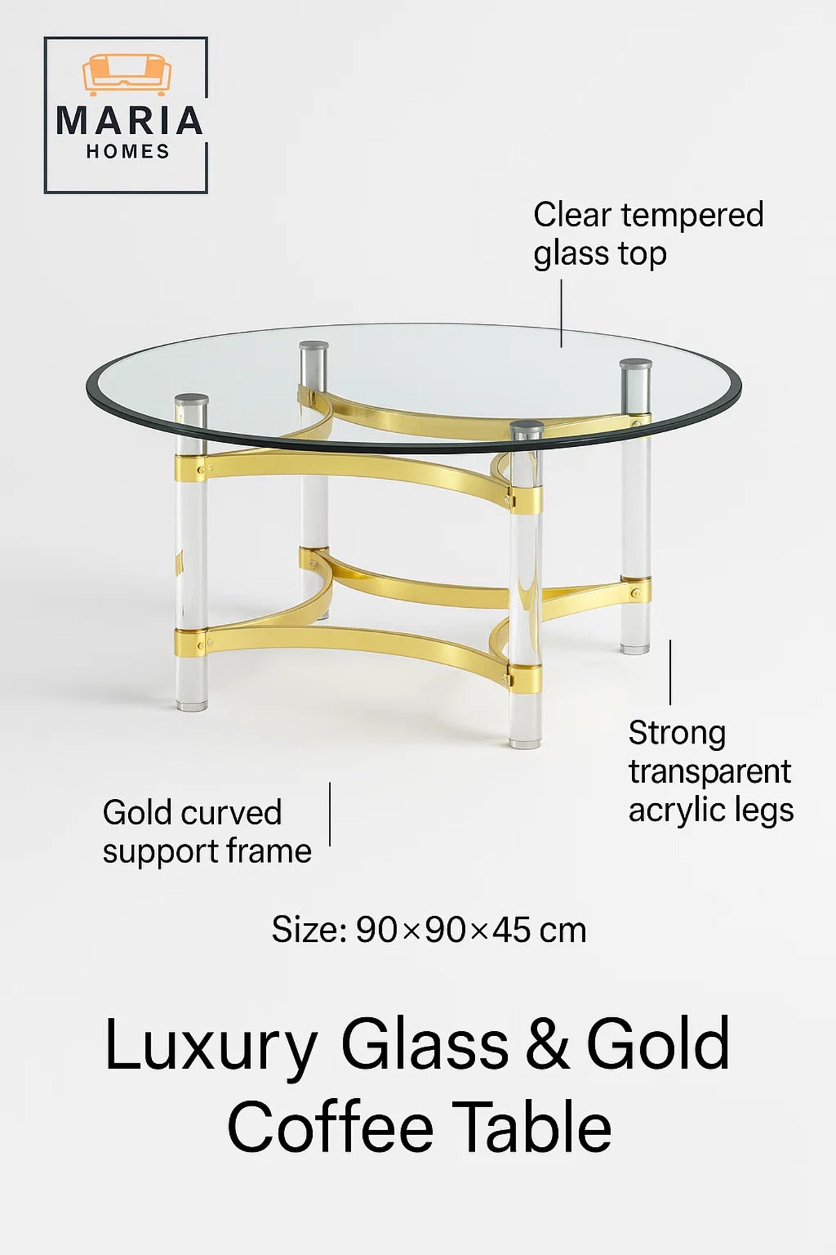 Luxury Round Glass Coffee Table 90_90_45 cm with Gold Stainless Steel and Acrylic Legs