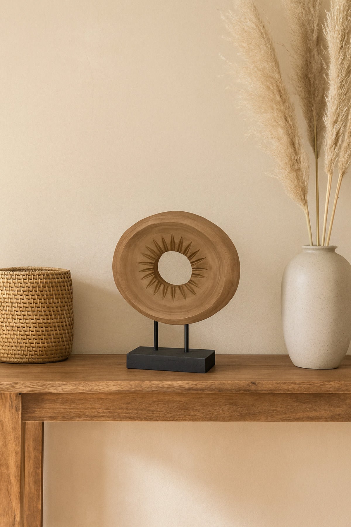 Walnut and Black Wooden Round Decorative Sculpture on Stand Ð Modern Home Accent