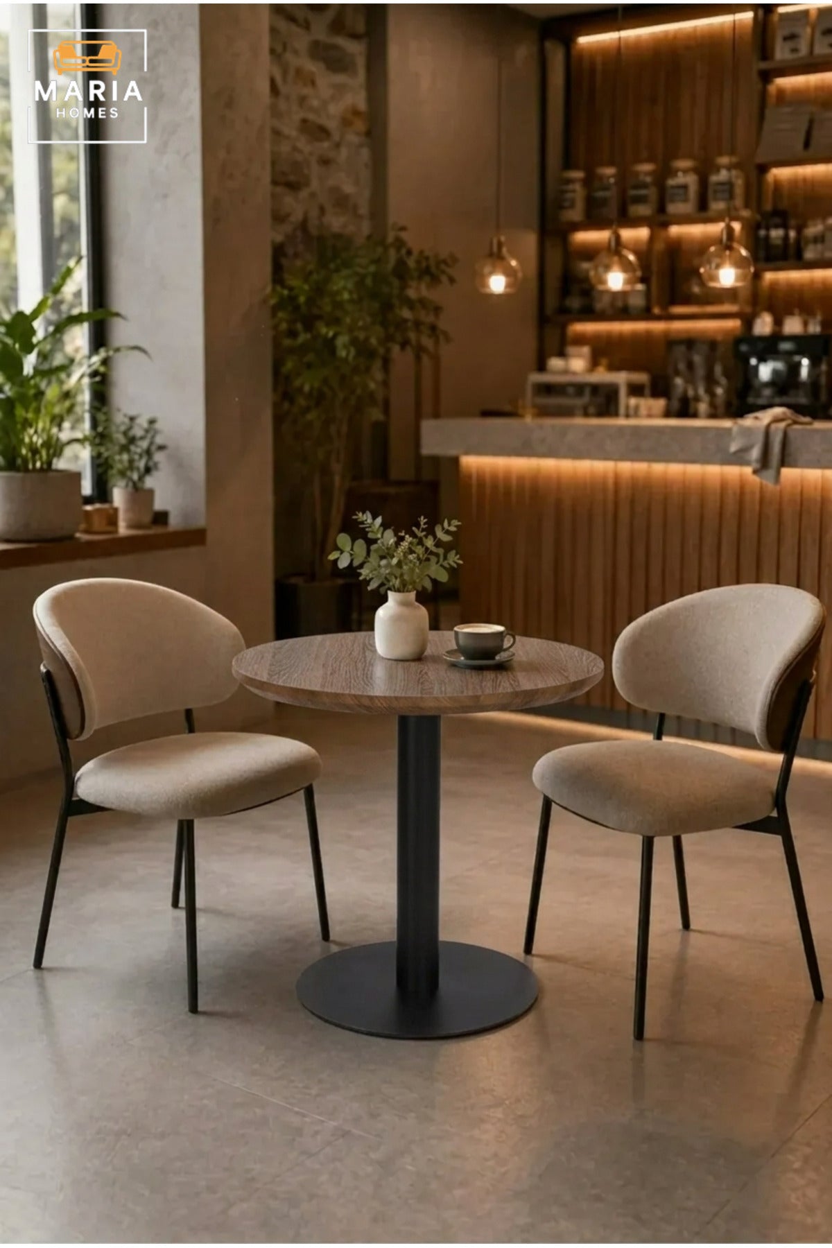 Modern Round Café Table with Wood-Effect Top and Black Pedestal Base for Coffee Shop, Restaurant, Bistro, Hotel and Indoor Dining Area