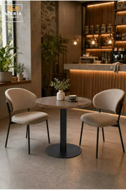Modern Round Café Table with Wood-Effect Top and Black Pedestal Base for Coffee Shop, Restaurant, Bistro, Hotel and Indoor Dining Area