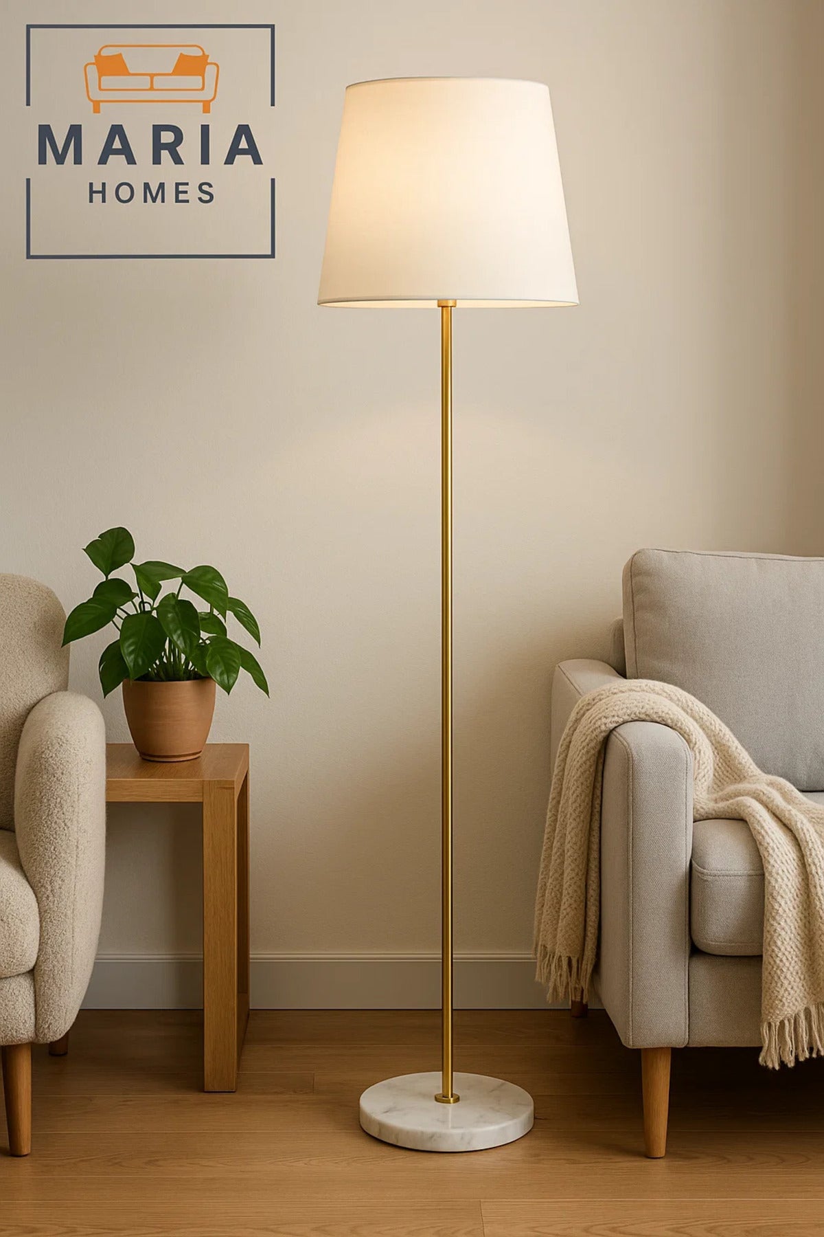 Gold Floor Lamp with White Shade and Marble Base