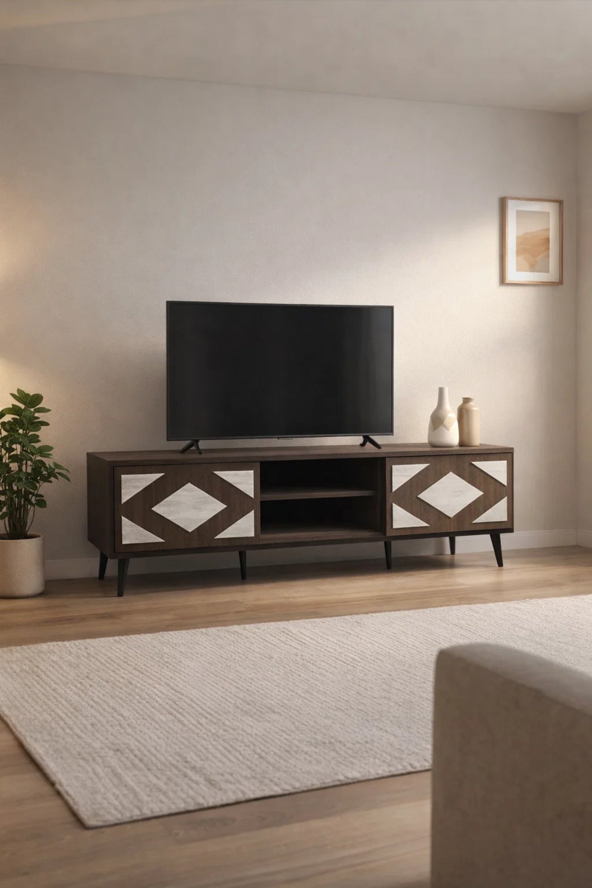 Stylish Dark Wood TV Table 160cm with Geometric Door Design and Media Storage for Living Room