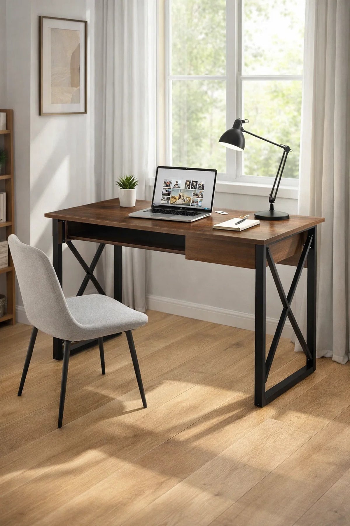 Modern Brown Office Desk with Metal Frame 100 _ 50 75 cm modern brown office