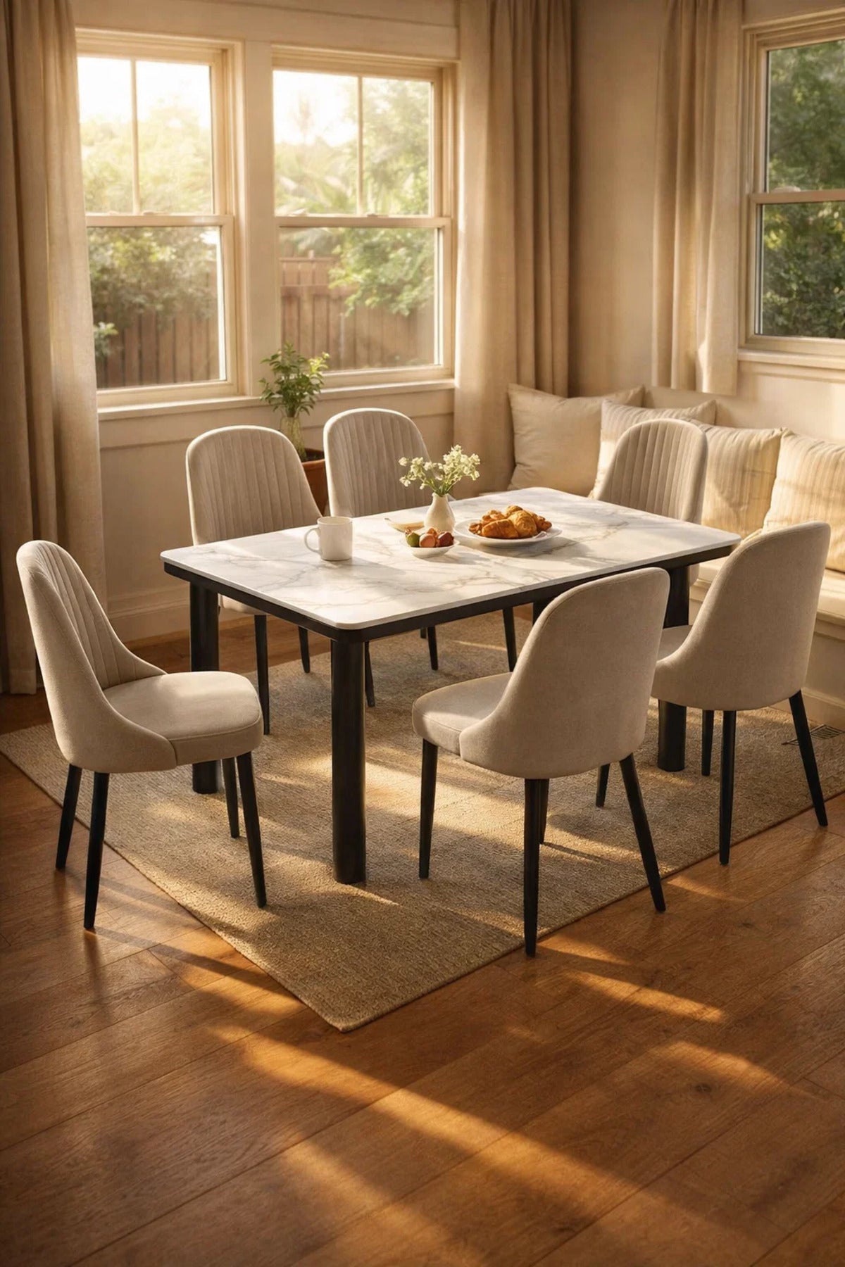 Contemporary 7-Piece Dining Room Set with White Faux Marble Table and Six Grey Tufted Chairs