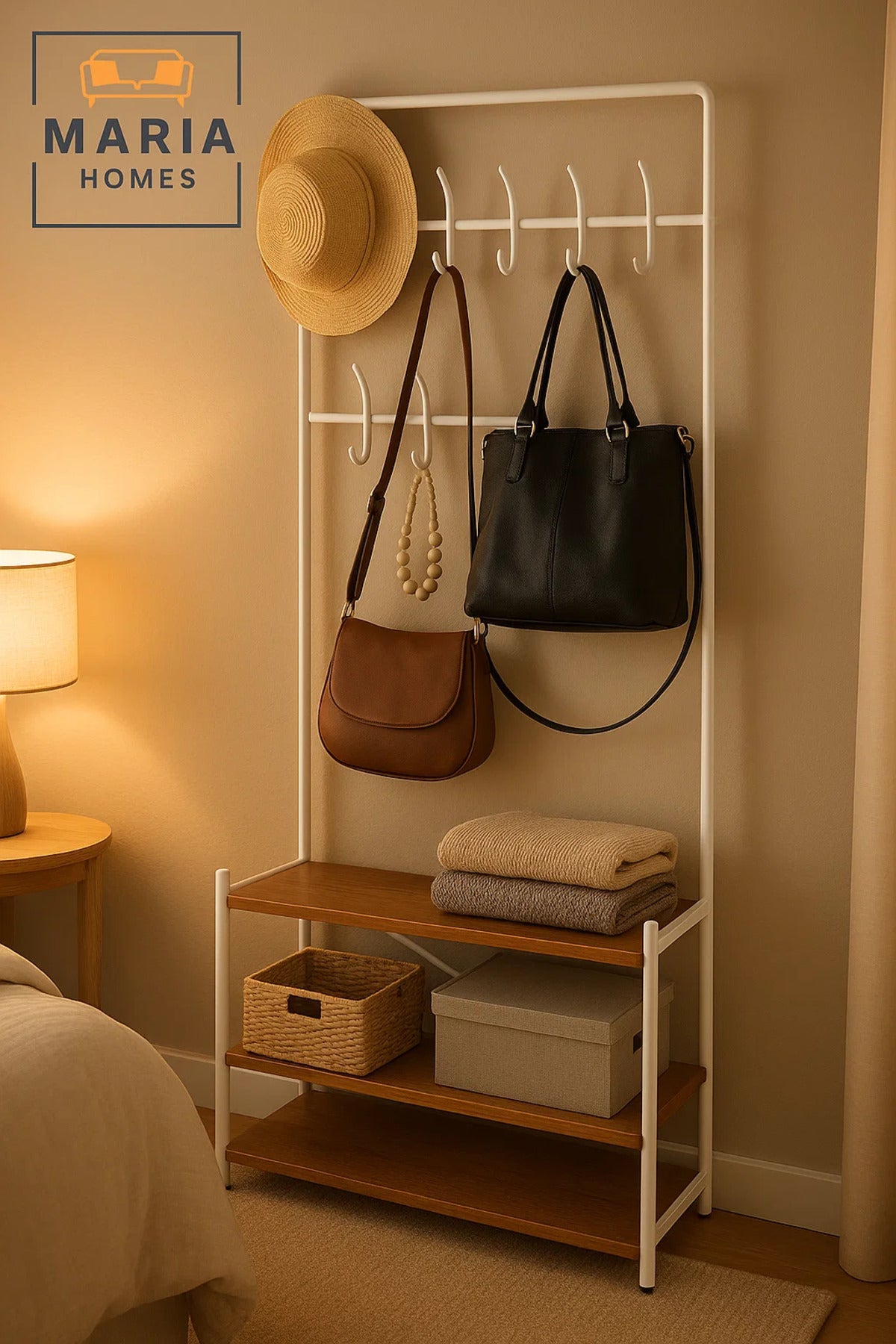 White Frame Coat Rack with 12 Hooks and 3-Tier Wooden Shoe Shelves