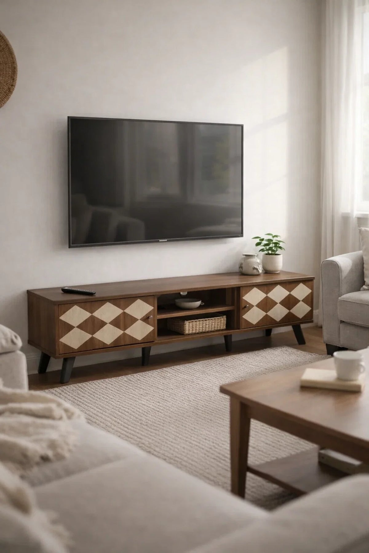 حامل تلفزيون خشبي حديث بني داكن بنمط حجر بيج 160 × 40 × 43 سم