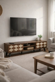 حامل تلفزيون خشبي حديث بني داكن بنمط حجر بيج 160 × 40 × 43 سم