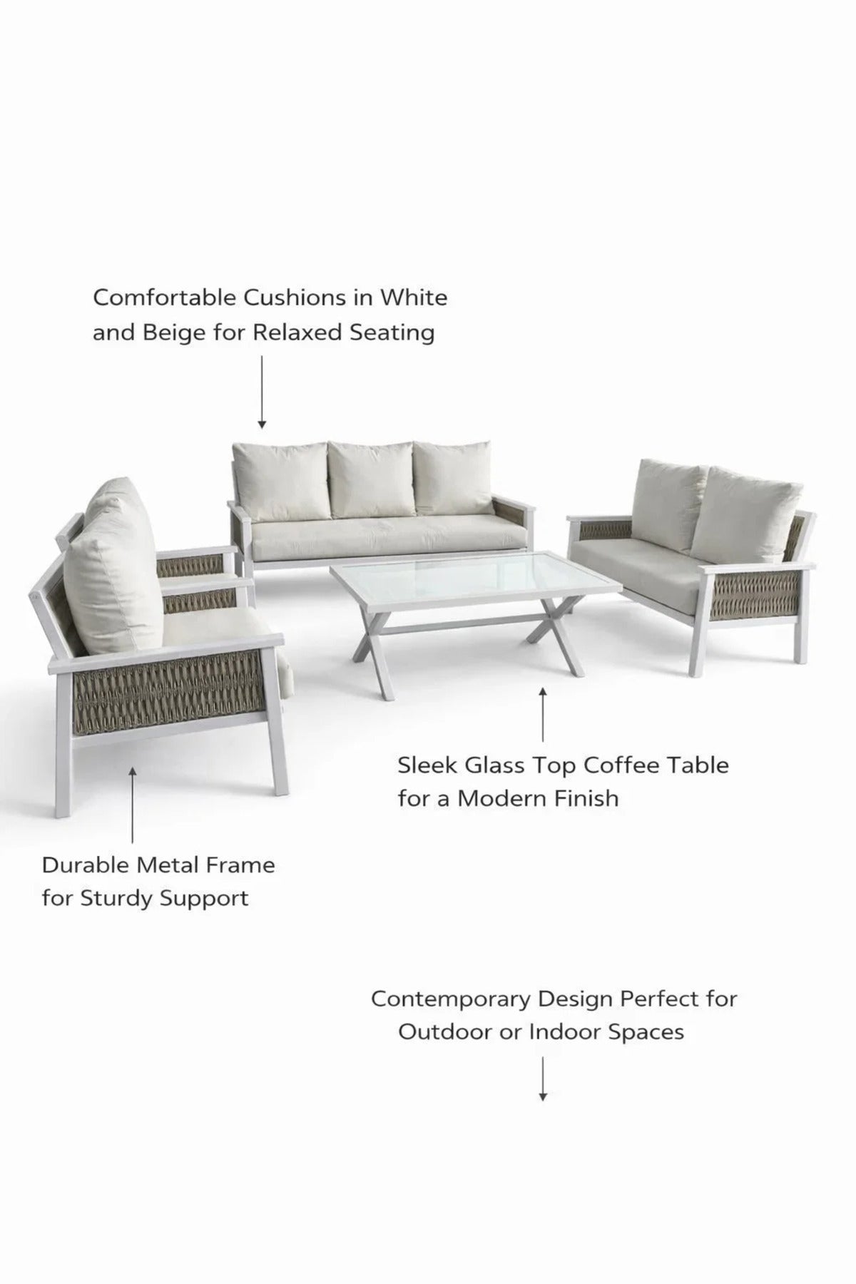 Elegant White and Beige 7-Piece Sofa Set with Coffee Table √ê Modern Outdoor or Indoor Living