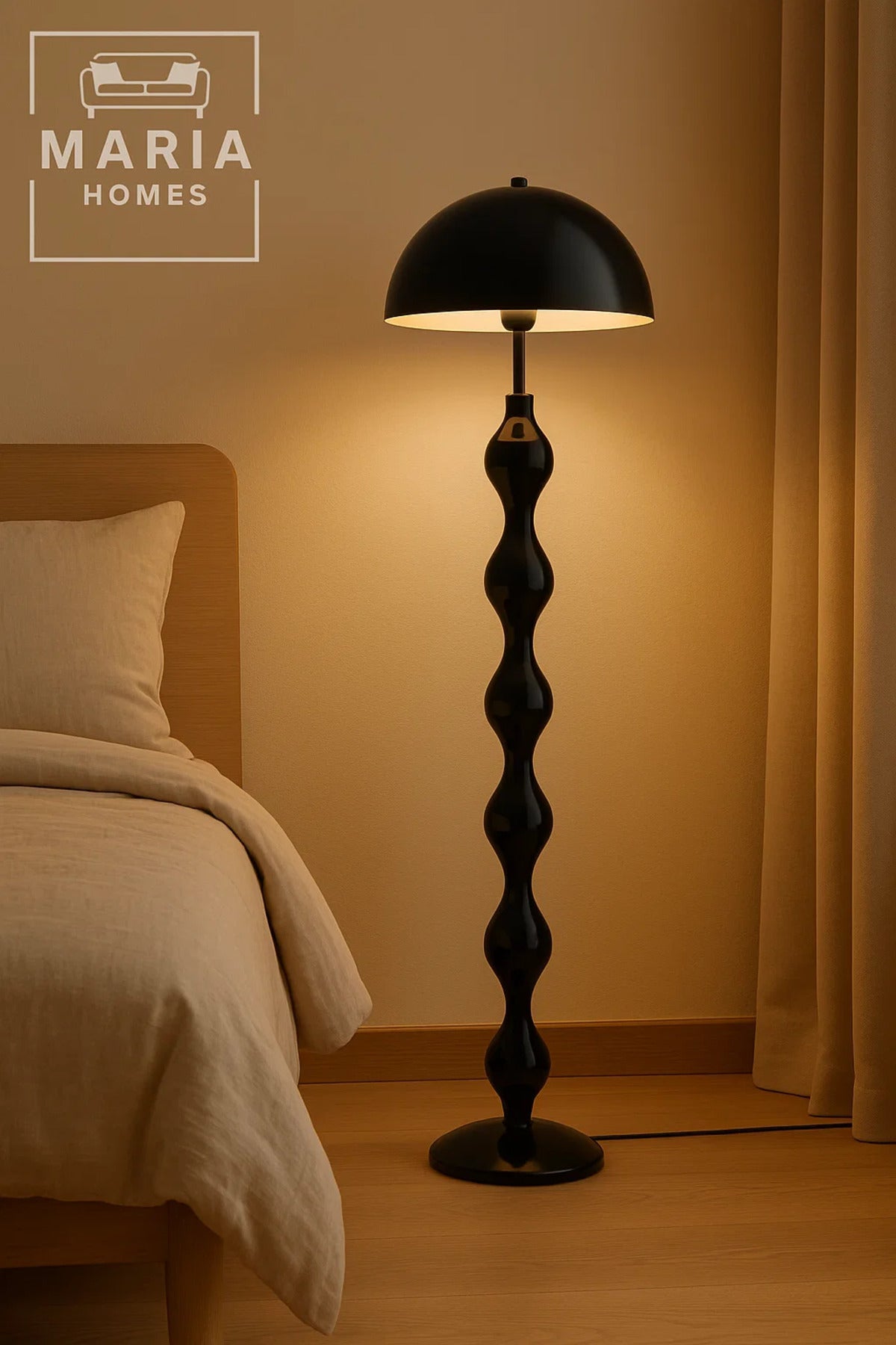 Sculptural Glossy Black Floor Lamp with Dome Shade