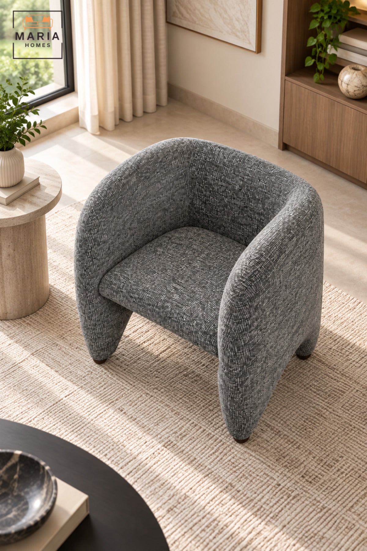 Modern Grey Upholstered Accent Chair with Curved Backrest, Padded Seat and Sculptural Design for Living Room, Bedroom, Lounge & Reception