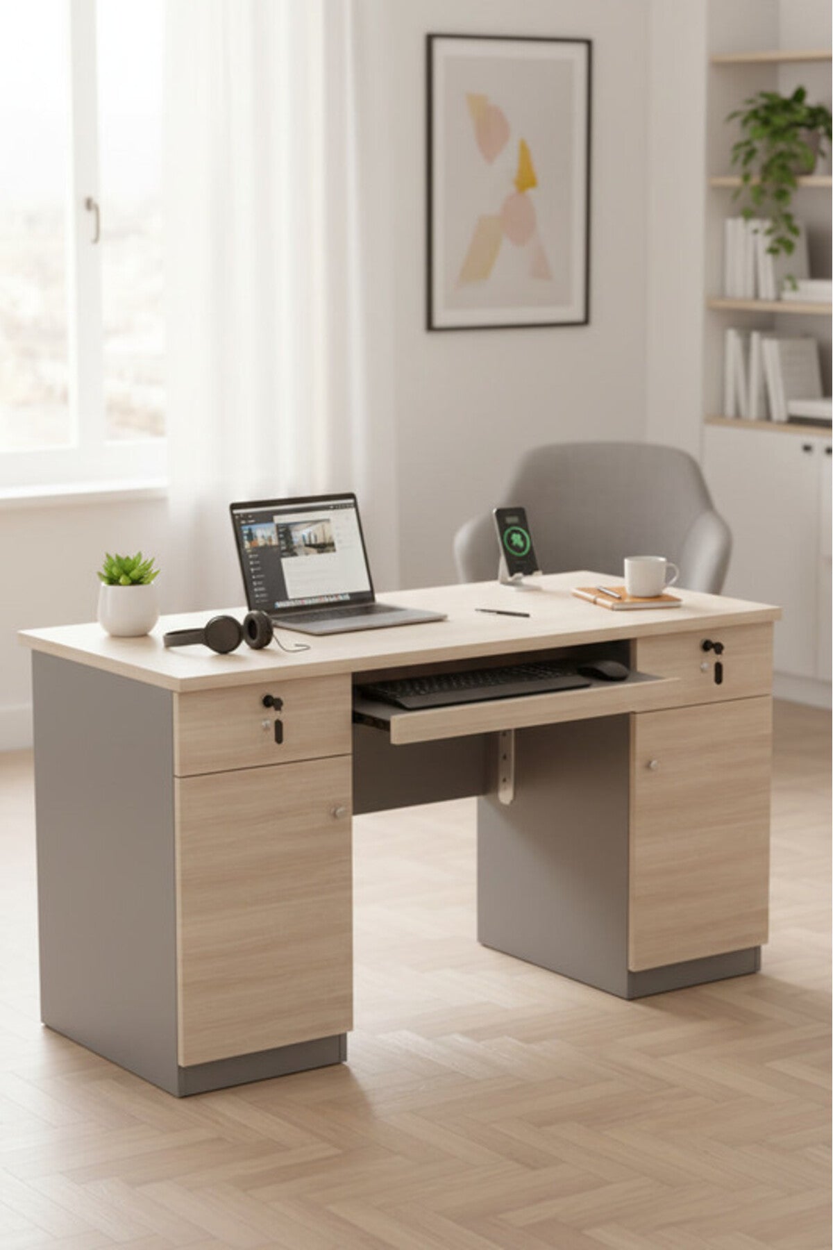 Modern Light Wood Office Desk with Storage and Cable Management