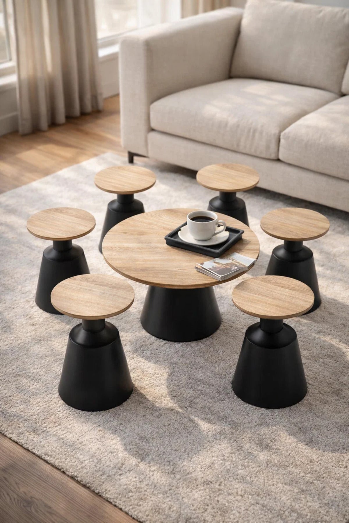 Round Wood Coffee Table Set with 6 Side Tables 80 _ 45 cm round wood coffee Center