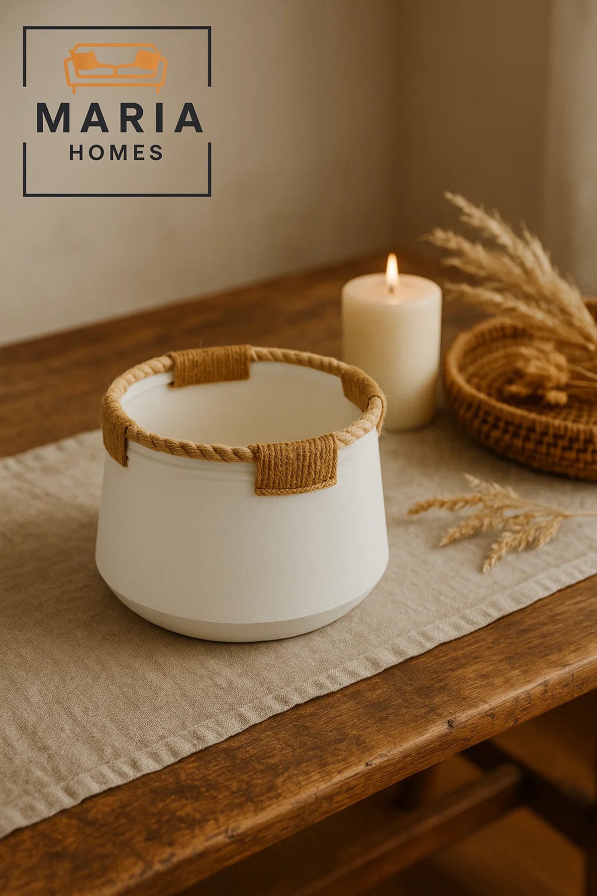 White Ceramic Pot with Jute Rope Trim Ð Minimalist Rustic Accent