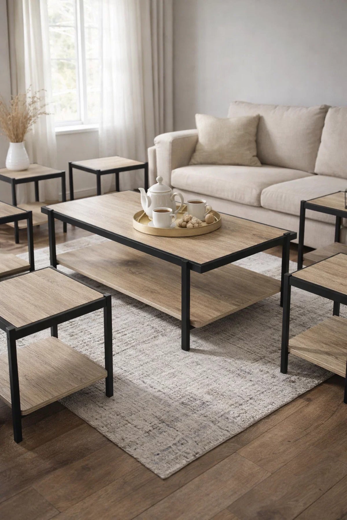 Modern Wood Coffee Table Set with 6 Side Tables and Shelf modern wood coffee Center