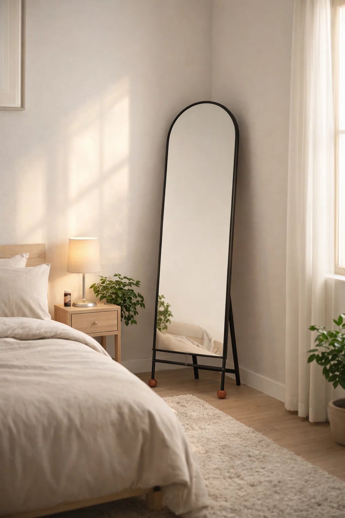 Modern Arched Full Length Floor Mirror with Black Metal Frame and Stand