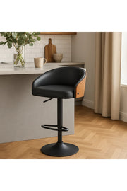 Modern Adjustable Swivel Bar Stool with Black Faux Leather and Wood Accent for Kitchen Use