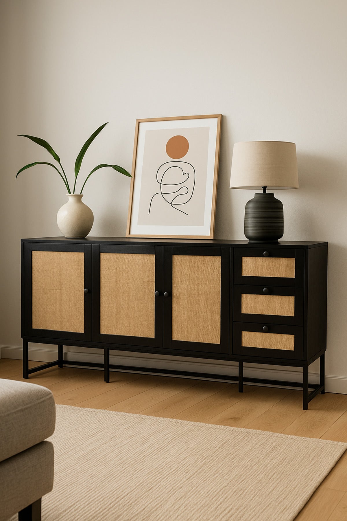Black Rattan Console Table 160_40_85 cm Ð Modern Wooden 4-Door Storage Cabinet with 3 Drawers