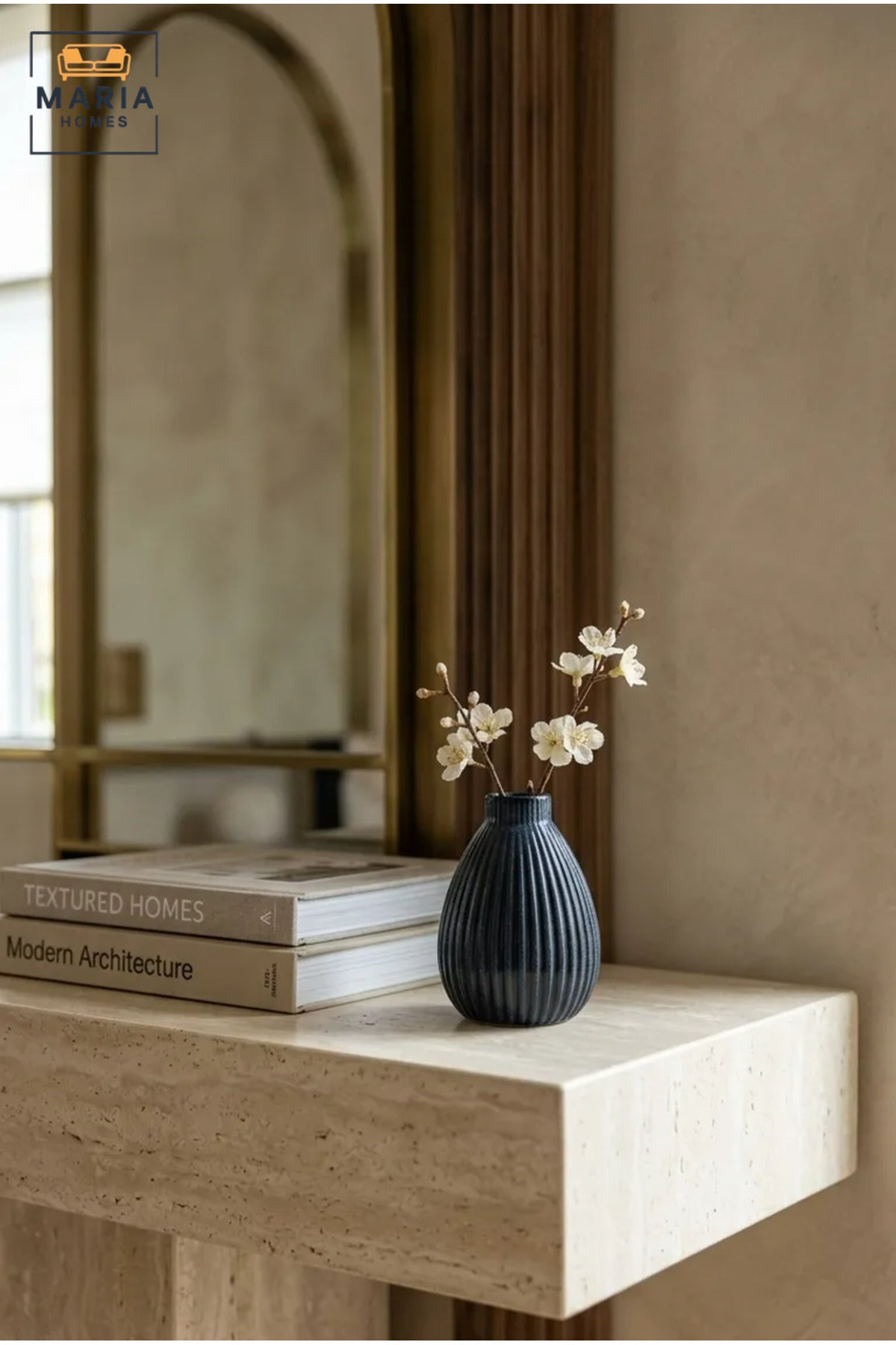 Blue Ribbed Decorative Vase, Modern Teardrop Flower Holder with Narrow Opening for Dried Flowers, Living Room, Bedroom, Office, Shelf and Table Décor