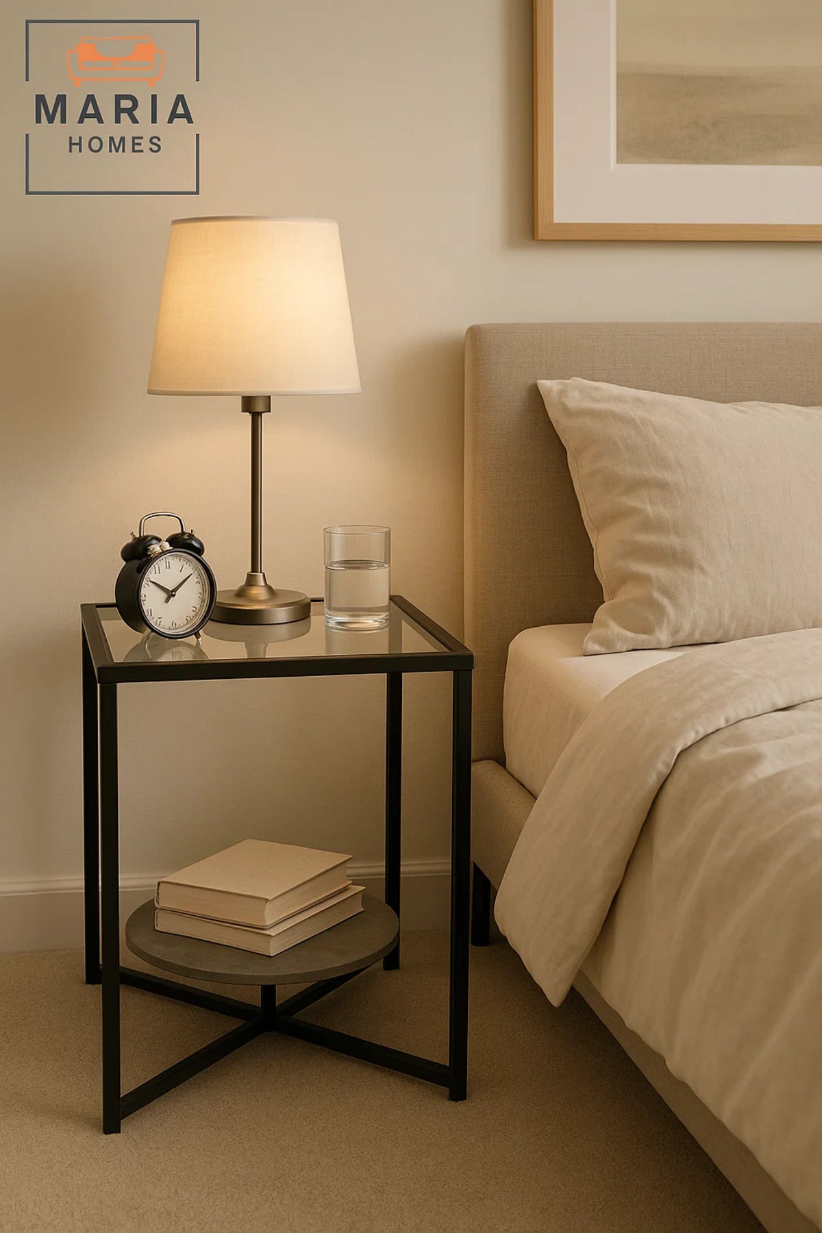 Modern Glass-Top Side Table with Black Metal Frame and Stone Shelf
