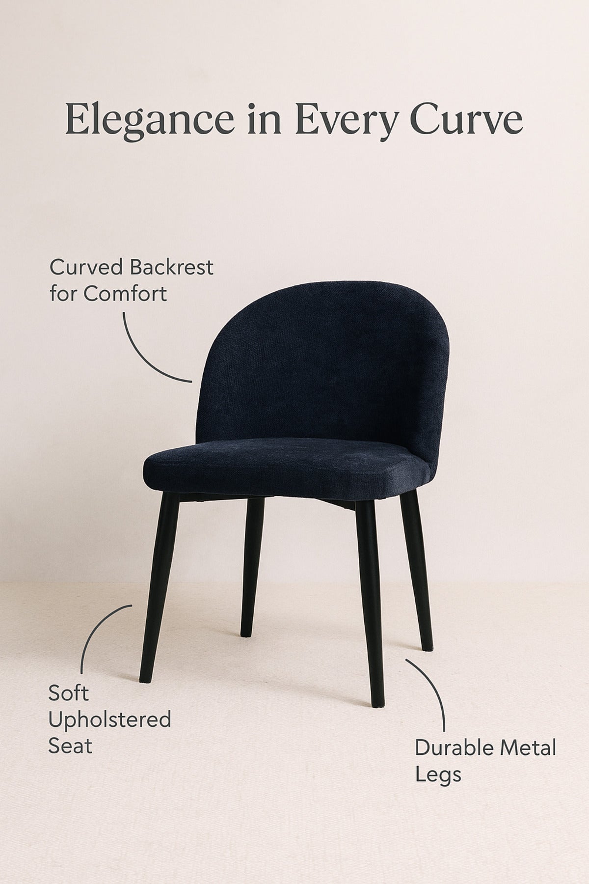 Blue Fabric Dining Chair Modern Upholstered Curved Back Chair with Black Metal Legs for Dining Room