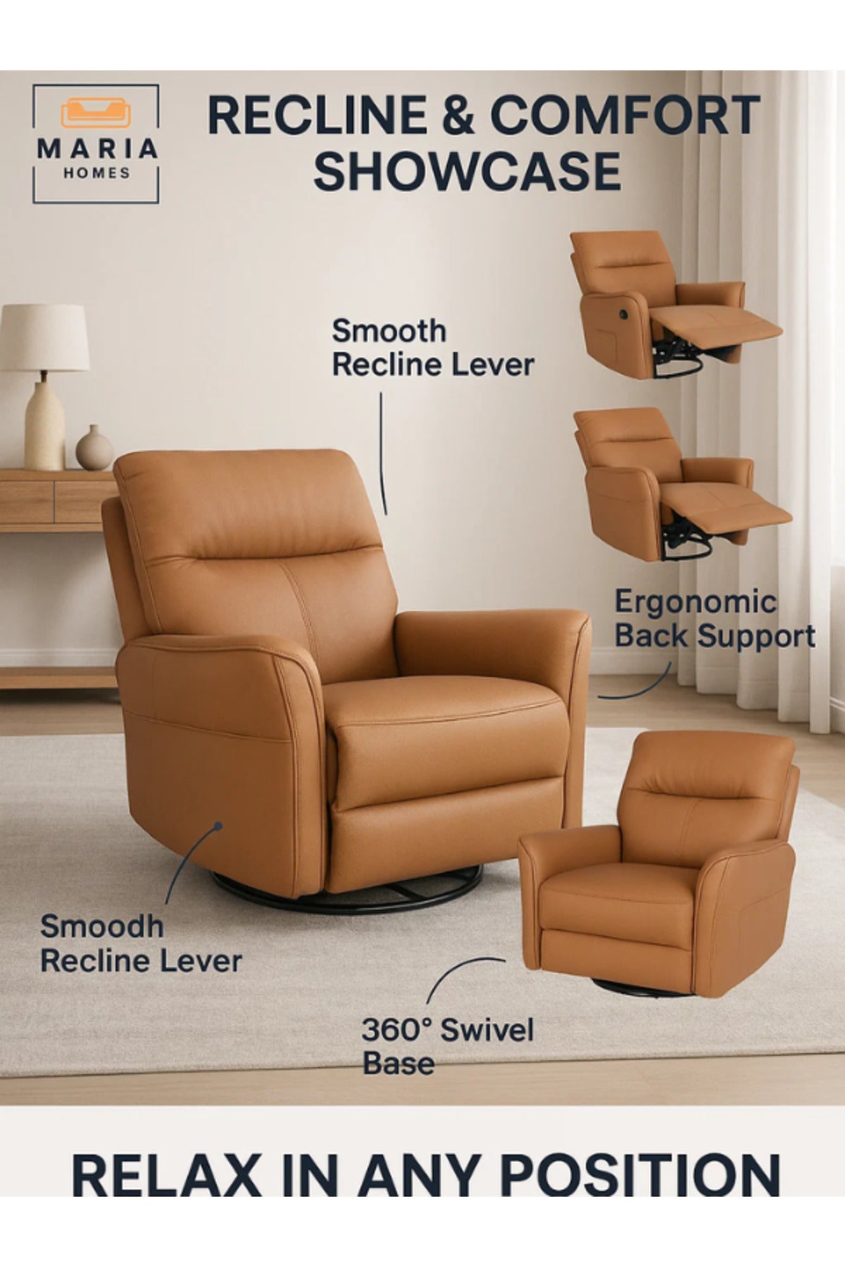 Coffee Brown Recliner Chair Ð Swivel, Adjustable Footrest & Side Storage Pockets