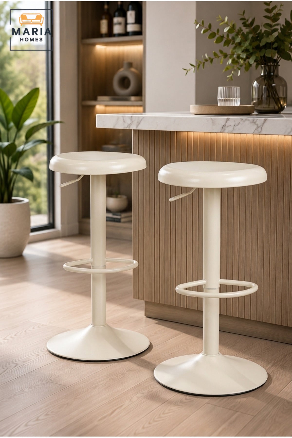 Modern White Adjustable Bar Stool with Round Padded Seat, Footrest & Pedestal Base, Contemporary Counter Stool for Kitchen Island Home Bar Café