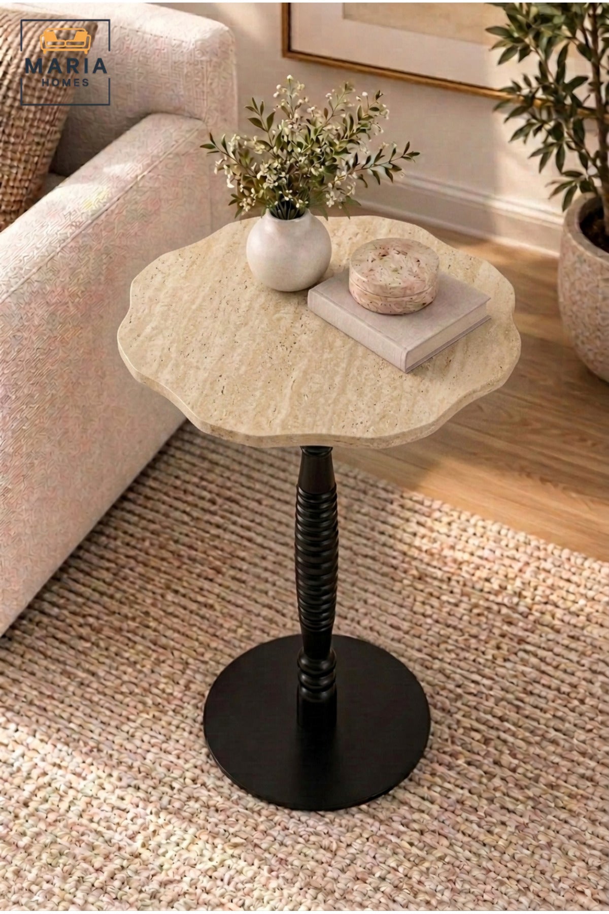 Modern Beige Top Side Table with Decorative Black Pedestal Base, Compact Accent Table for Living Room, Bedroom, Sofa Side & Lounge – 40 × 60 cm