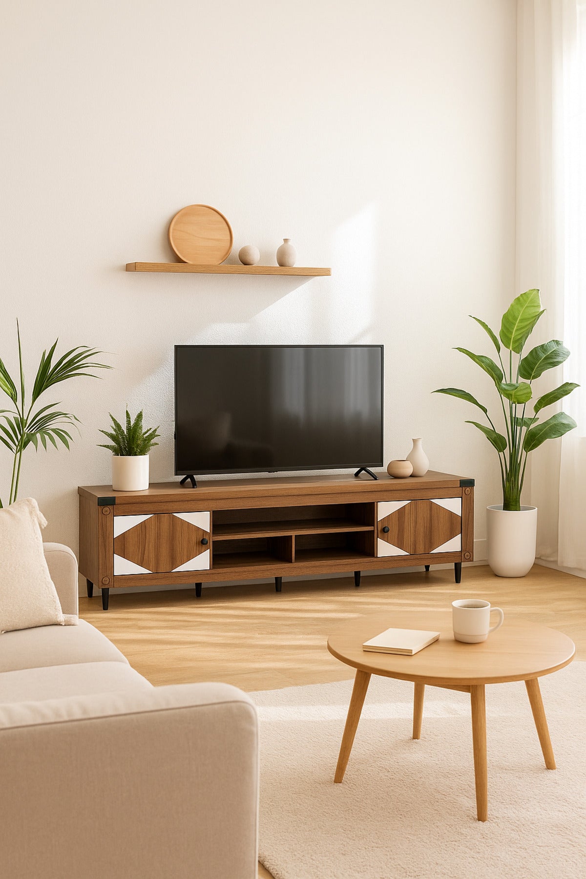 Walnut & White Wooden TV Stand 180_40_55 cm Ð Modern TV Unit with Storage Cabinets and Open Shelves