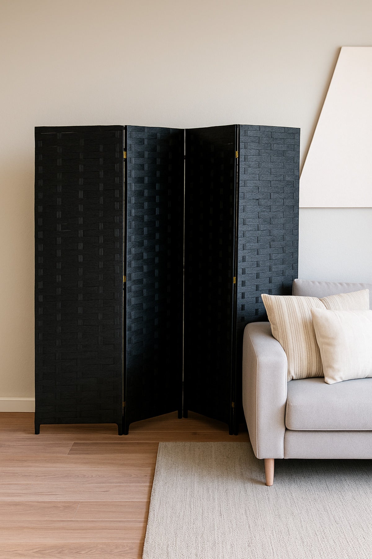 4-Panel Woven Room Divider Ð 180_180 cm Foldable Privacy Screen in Elegant Black