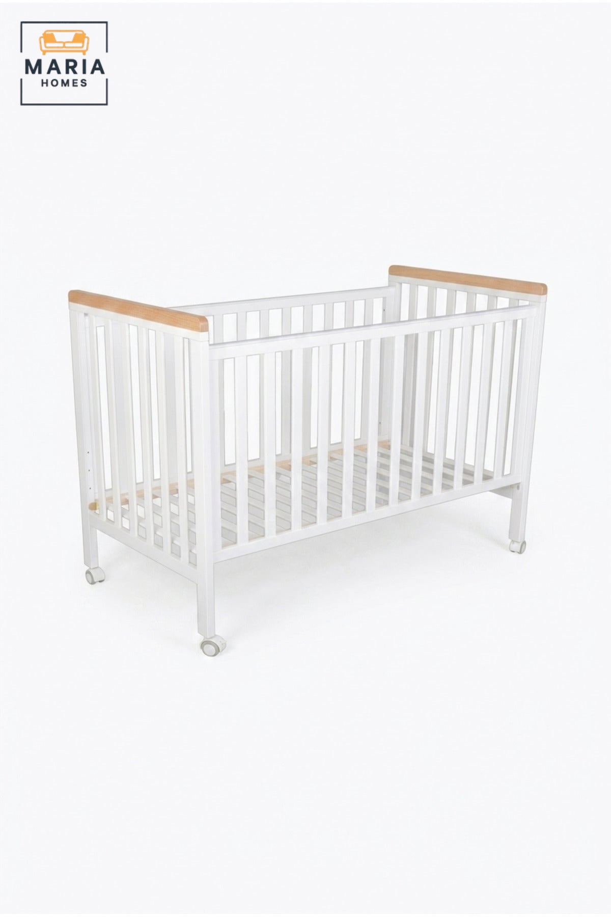 Baby Cot with Safety Rails and Lockable Wheels, Wooden Nursery Crib Bed with Slatted Sides for Newborn Babies, Infants and Toddlers
