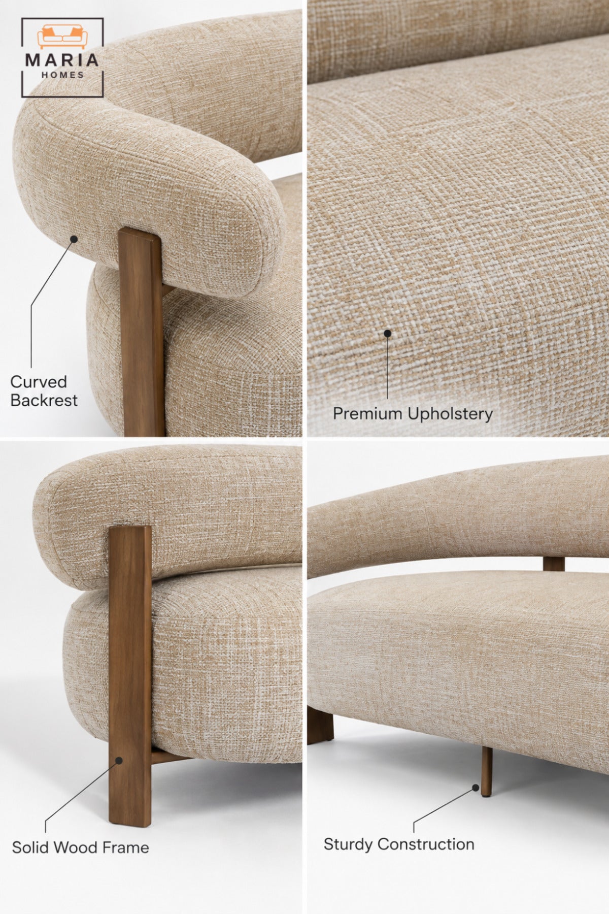Modern 3 Seater Upholstered Sofa with Curved Backrest, Deep Cushioned Seat & Open Back Design for Living Room, Lounge, Reception and Hotel