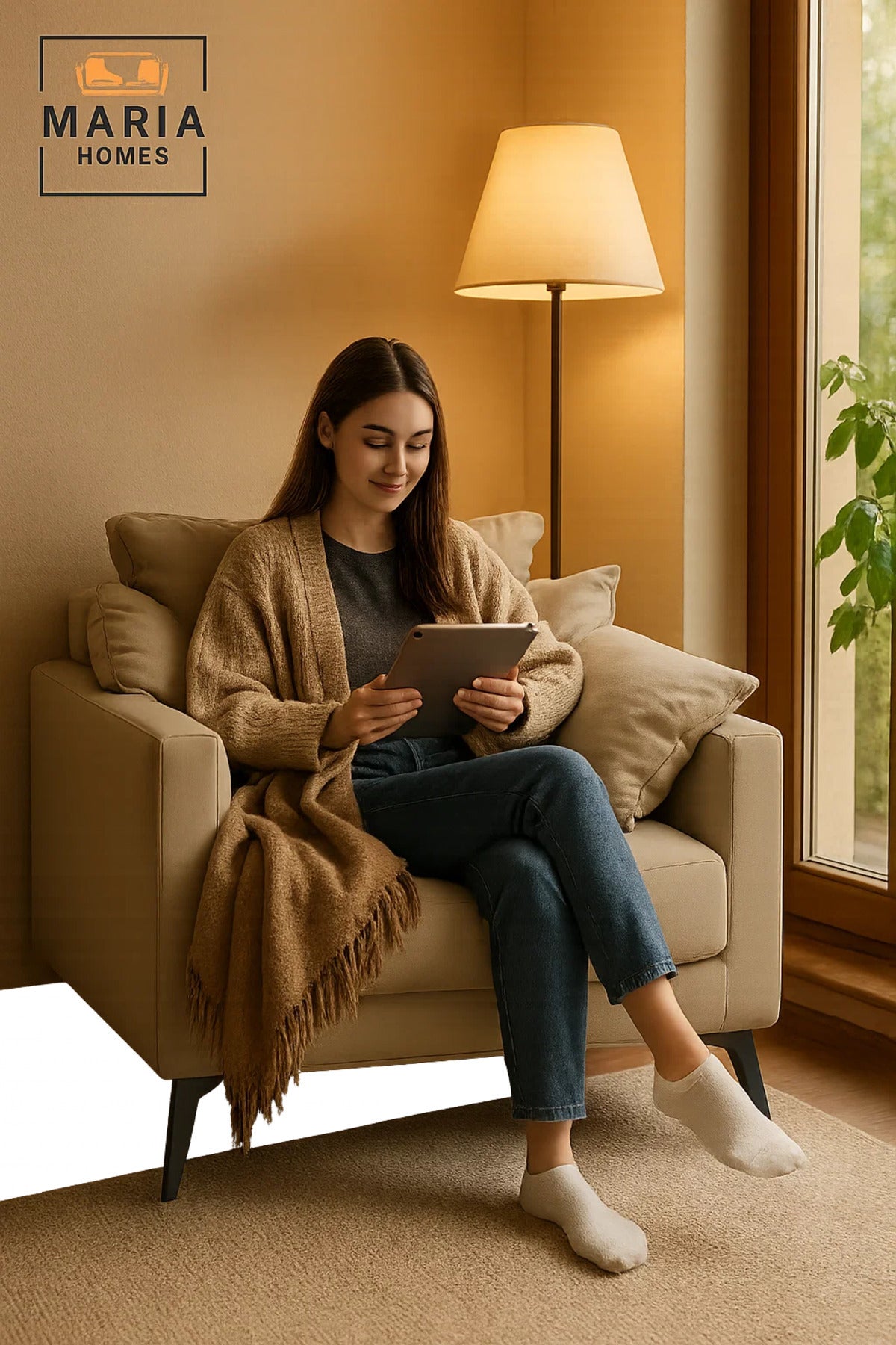 Modern Beige Leather Armchair Ð Wide Seat with Pillow Armrests