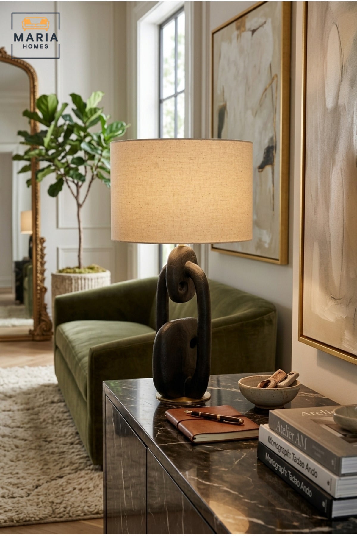 Modern Abstract Black Table Lamp with Beige Drum Fabric Shade and Sculptural Chain Link Base for Bedroom, Living Room, Office, Hotel and Bedside Décor