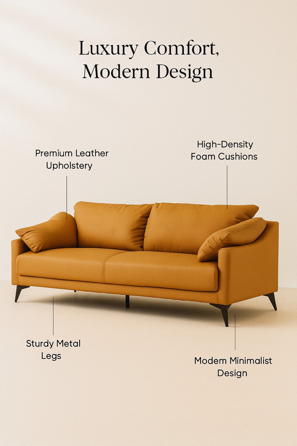 Yellow 3-Seater Sofa Ð Modern Leather Fabric Sofa with Soft Cushions and Metal Legs for Living Room