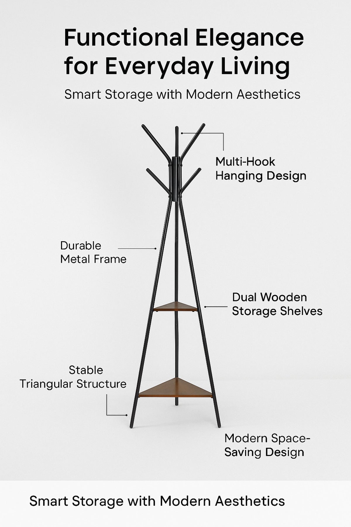 Modern Black Coat Rack Ð Metal Clothes Stand with Dual Wooden Shelves for Entryway & Bedroom