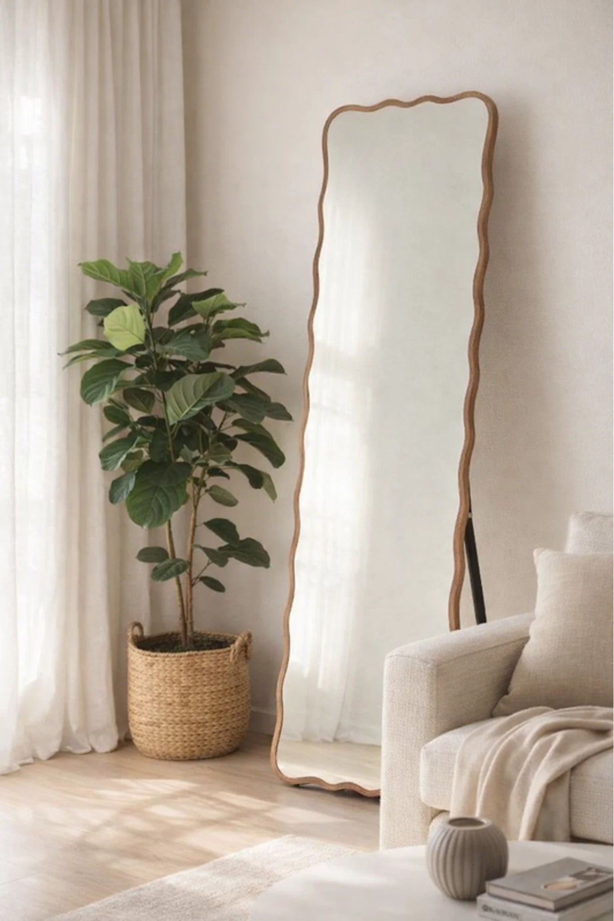 Wavy Wood Frame Floor Mirror Full Length Standing Mirror for Bedroom