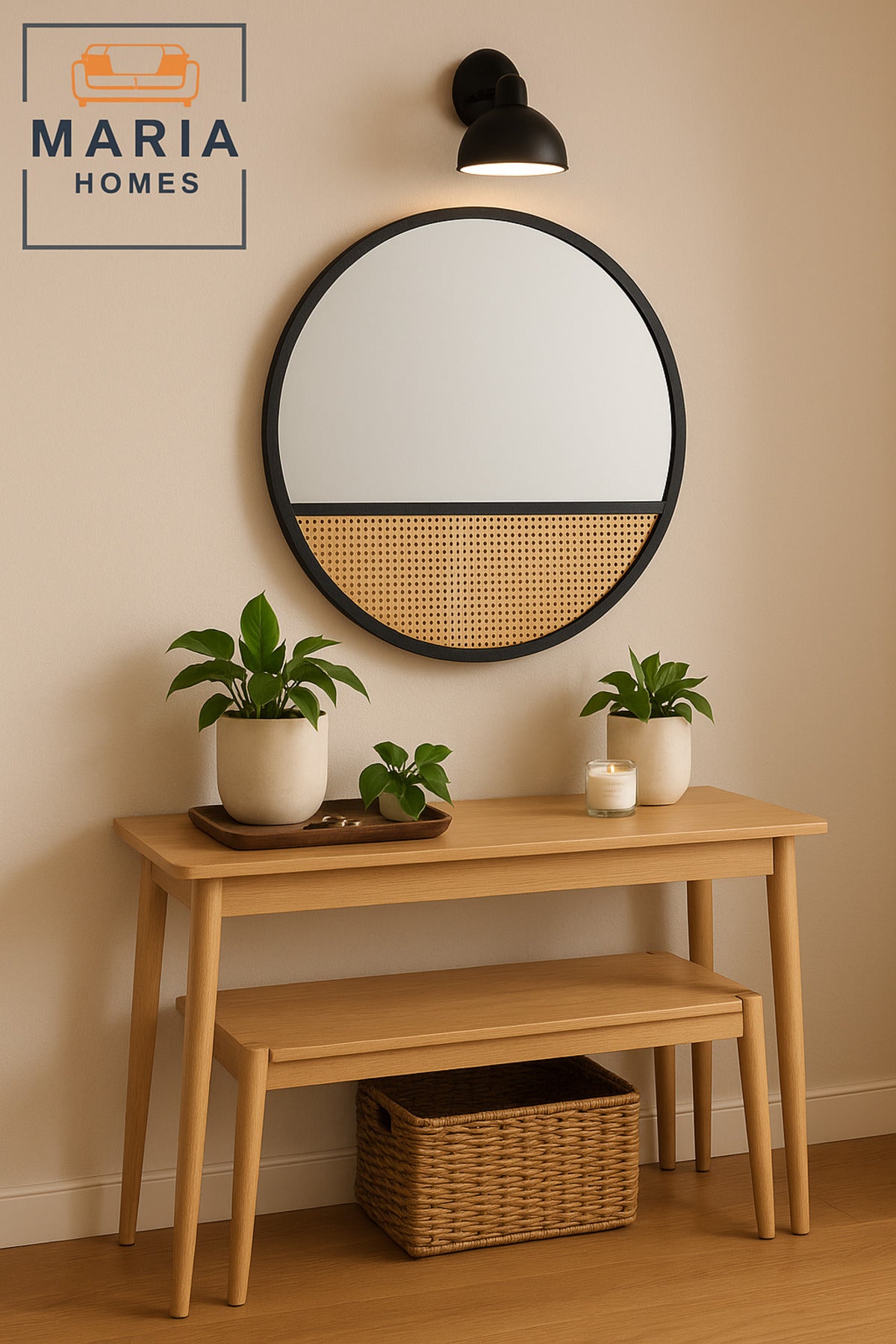 Round Wall Mirror 80cm Ð Black Wood Frame With Rattan Accent